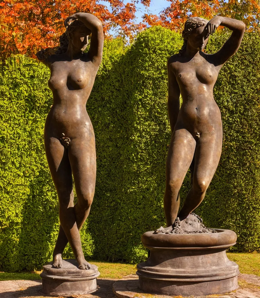 Image similar to detailed photo of old bronze patina statue of most beautiful woman, full body view, various poses, the garden of a castel in background, photorealism, intricate detail, museum diffuse lighting, autumn sunlights