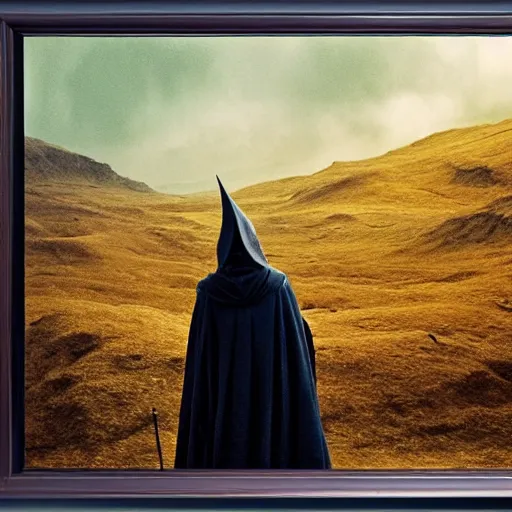 Prompt: landscape photo of ian mckellen as gandalf in a dark hood walking, arial shot, highly detailed, cinematic shot, cinematic lighting, 8 k, painting by john martin pandemonium, chiaroscuro, dark painting.