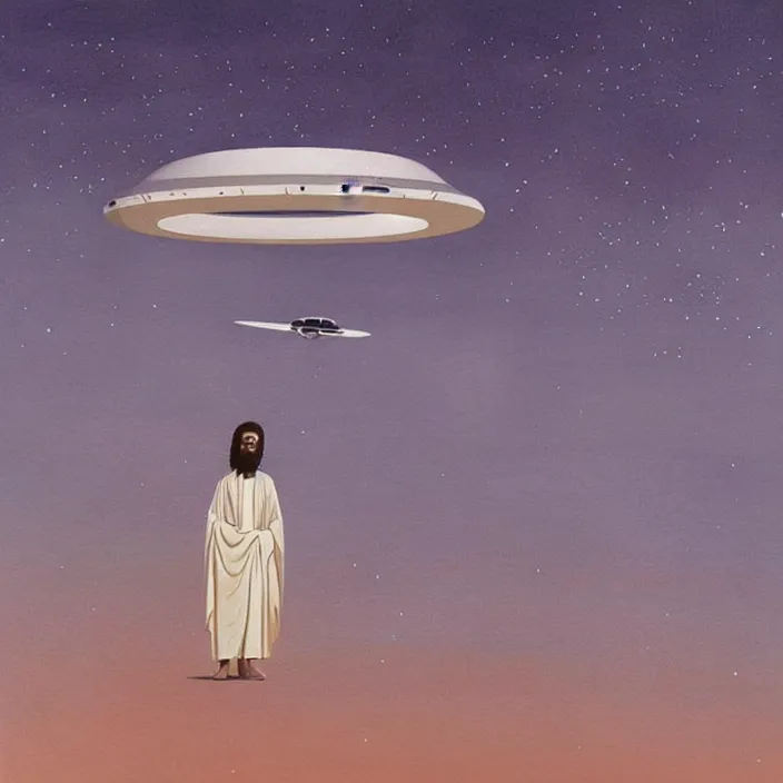 Image similar to a UFO, hovering over an African Jesus, painting by Hsiao-Ron Cheng,