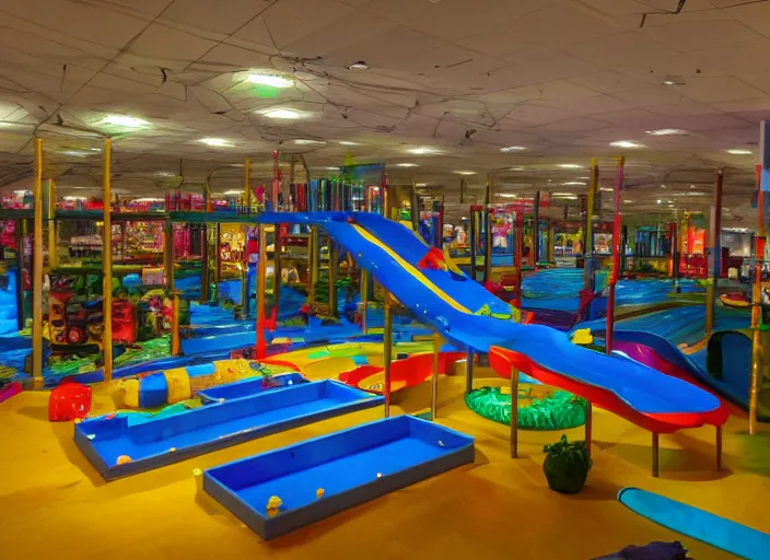 Image similar to photo of a liminal indoor playground at night.