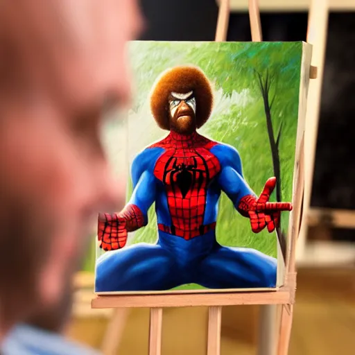 Image similar to a closeup photorealistic photograph of bob ross working on a canvas painting of spiderman. film still. brightly lit scene. mountains and trees. this 4 k hd image is trending on artstation, featured on behance, well - rendered, extra crisp, features intricate detail, epic composition and the style of unreal engine.