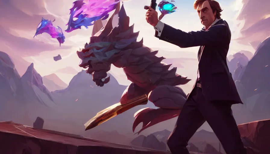 Image similar to full body portrait of saul goodman, solo, league of legends champion splash art, legal office, in - frame, photorealistic facial features, right side composition, art by pete mohrbacher and guweiz and ilya kuvshinov, highly detailed, intricate, sharp focus, unreal engine 5, 4 k uhd