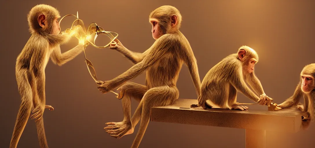 Image similar to two monkeys, playing with golden scissors, a big diamond, symmetrical, details, smooth, sharp focus, illustration, realistic, cinematic, artstation, gold, ornate, award winning, original modern artwork, rgb ethereal lighting, 8k