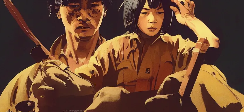 Image similar to the vietnam war, digital painting masterpiece, by ilya kuvshinov, by frank frazetta, by mœbius, by reiq, by hayao miyazaki, intricate detail, beautiful brush strokes, advanced lighting technology, 4 k wallpaper, interesting character design, stylized yet realistic anatomy and faces, inspired by kill bill animated scene