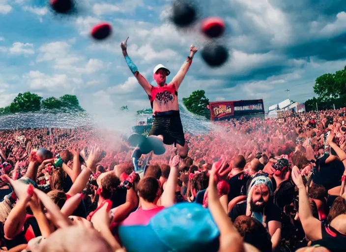 Image similar to photo still of gallagher at vans warped tour!!!!!!!! at age 4 5 years old 4 5 years of age!!!!!!! throwing watermelons at a crowd, 8 k, 8 5 mm f 1. 8, studio lighting, rim light, right side key light