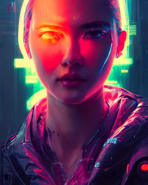 Image similar to detailed portrait Neon Business Girl, cyberpunk futuristic neon, reflective puffy coat, decorated with traditional Japanese ornaments by Ismail inceoglu dragan bibin hans thoma greg rutkowski Alexandros Pyromallis Nekro Rene Maritte Illustrated, Perfect face, fine details, realistic shaded, fine-face, pretty face