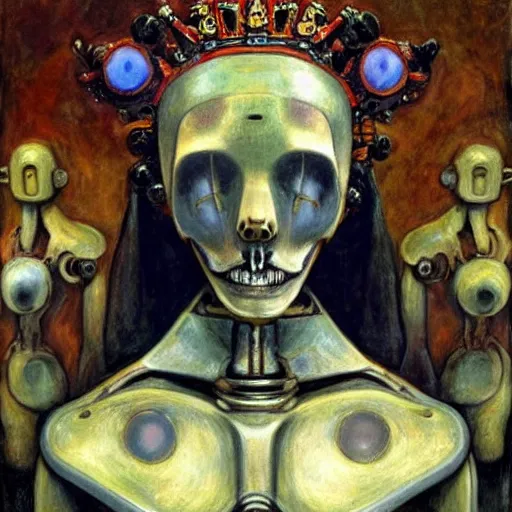 Image similar to grieving robot wearing the bone crown, by Annie Swynnerton and Diego Rivera , symbolist, dramatic lighting, elaborate geometric ornament, Art Brut, soft cool colors,smooth, sharp focus, extremely detailed, Adolf Wölfli and (Donato Giancola)