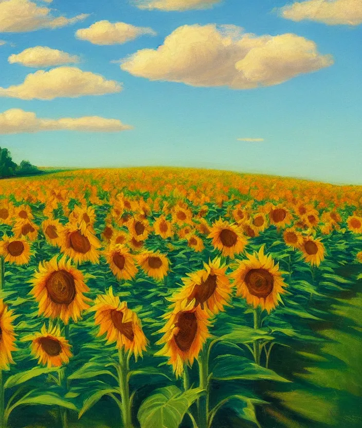 Image similar to a highly detailed sunflower field, baby blue sky with very aesthetic stylized clouds, in the style of edward hopper, very fine brushstrokes, 4 k,