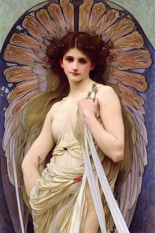Prompt: painting of a beautifully dressed angel with huge feather wings, intricate, elegant, hyperdetailed by alphonse mucha and william - adolphe bouguereau and john william waterhouse