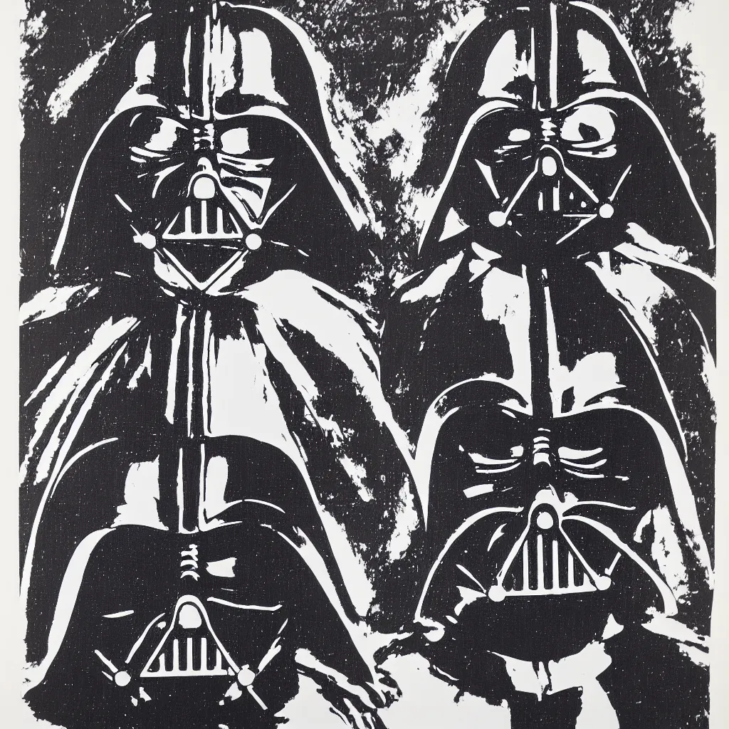 Image similar to individual silk screen portrait of darth vader by andy warhol