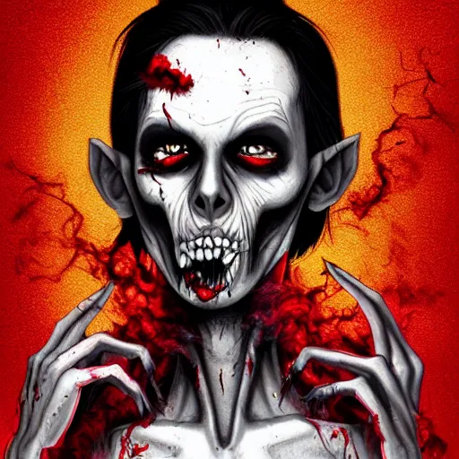 Image similar to An extremely skinny zombie man with burning yellow smokey eyes on a dusty haunting background with red and white smoke and dirt, in the style of artgerm and adam hughes