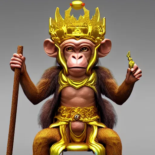 Image similar to monkey king godly lord of monkeys, wearing a crown, holding a staff, sitting in throne 8 k render high detail