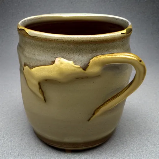 Image similar to a photo of a kintsugi repaired mug, gold repair, high detail,