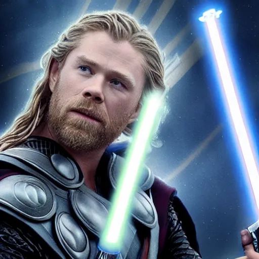 Prompt: Thor as a Jedi with light saber