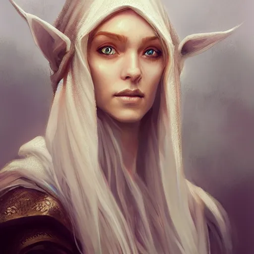 Prompt: a head - on detailed oil portrait of a distinguished ( ( elven ) ) woman wearing a white hood with long!! curly!! blonde hairs and bright irises, by charlie bowater, lise deharme, wlop, trending on artstation, dungeon and dragons art, l critical role