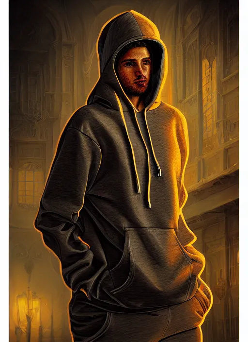 Image similar to guy with hoodie hiding on papercraft, realistic, surealism, lavish, steep, aesthetic, extravagant, shiny, fantasy, intricate, elegant, extremely higly detailed, digital painting, artstation, ornate, grotesque, baroque, concept art, smooth, sharp focus, full body focus, street wear digital art