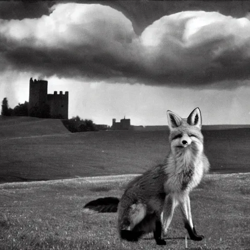 Image similar to anthropomorphic fox!! who i - s a medieval knight holding a swo - rd towards a stormy thundercloud [ 1 9 3 0 s film still ], ( castle in the background )