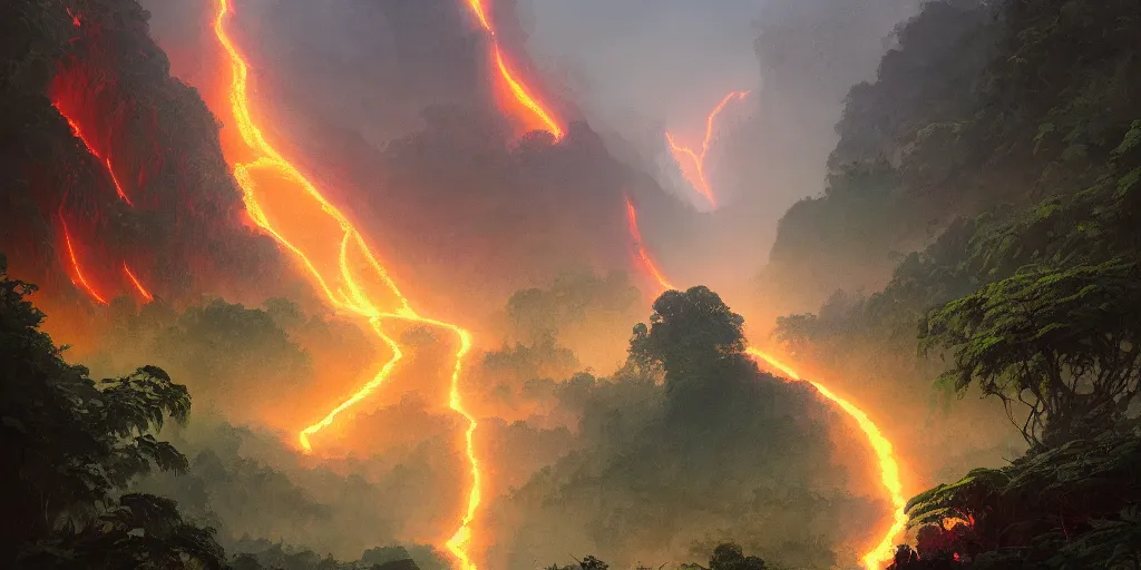 Prompt: A river of lava flowing through the lush amazon jungle, anato finnstark, greg rutkowski, john howe, Asher Brown Durand, artstation, dramatic