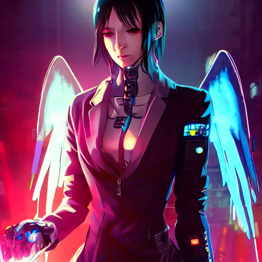 Image similar to anime cyberpunk movie still the godfather, beautiful full body female android cyborg - angel, glowing red left eye and glowing blue right eye, cinematic lighting, advanced digital cyberpunk art, wlop, rossdraws sakimimichan, ilya kuvshinov, krenz cushart, greg rutkowski - c 1 2