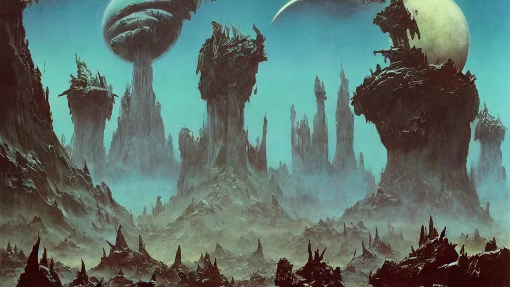 Image similar to surreal eerie alien planet empire by frank frazetta and bruce pennington, cinematic matte painting