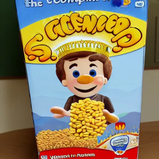 Image similar to cereal box with a wheat mascot wearing a crown