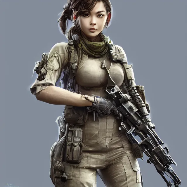 Image similar to the photorealistic portrait of lawful neutral female futuristic marine sniper as absurdly beautiful, gorgeous, elegant, young gravure idol, an ultrafine hyperdetailed illustration by kim jung gi, irakli nadar, intricate linework, bright colors, octopath traveler, final fantasy, unreal engine 5 highly rendered, global illumination, radiant light, detailed and intricate environment