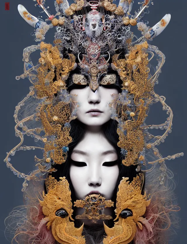 Image similar to goddess portrait with mask and crown made of ram skull. beautiful intricately detailed japanese crow kitsune mask and clasical japanese kimono. betta fish, jellyfish phoenix, bioluminescent, plasma, ice, water, wind, creature, super intricate ornaments artwork by tooth wu and wlop and beeple and greg rutkowski