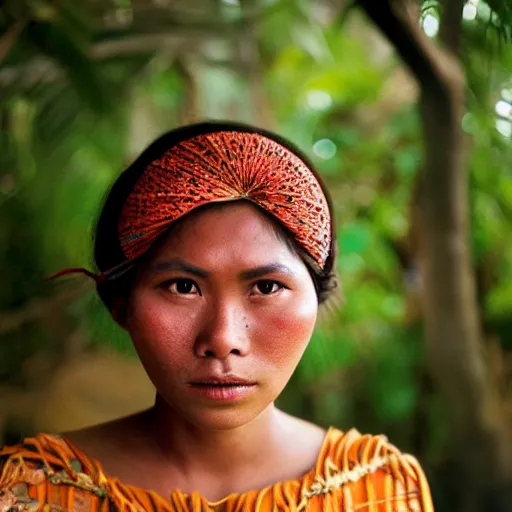 Image similar to Face of a young pre-colonial Filipino woman in her 20s wearing traditional costume, photographed by Steve McCurry