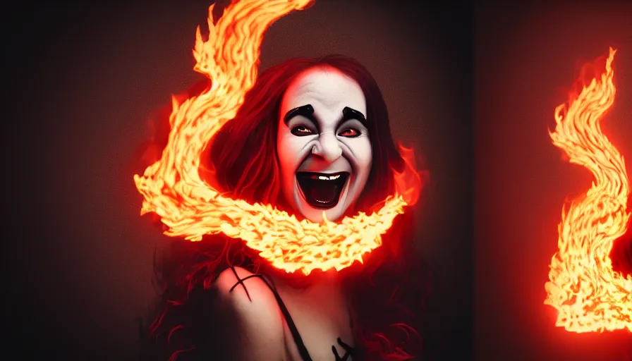 Image similar to portrait of a beatuiful laughing woman with horns made of flames in gothic attire, creepy vibe, studio photography, studio lighting, realistic render, octane render, 4 k, 8 k, face in focus