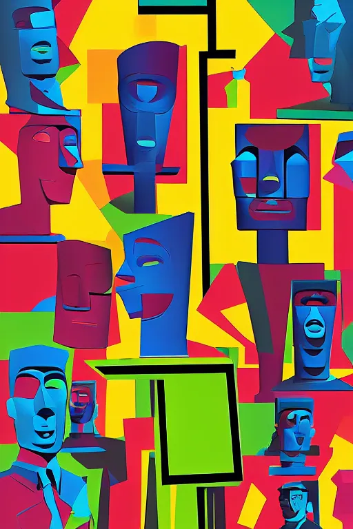 Image similar to cubist moai statue cutout digital illustration cartoon colorful beeple