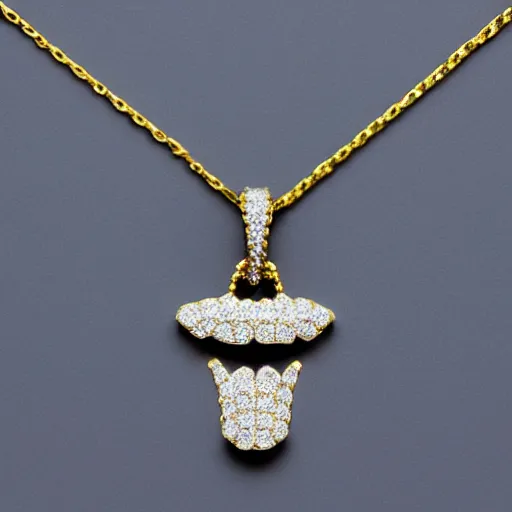 Image similar to teeth made of diamonds, as a pendant on a gold chain