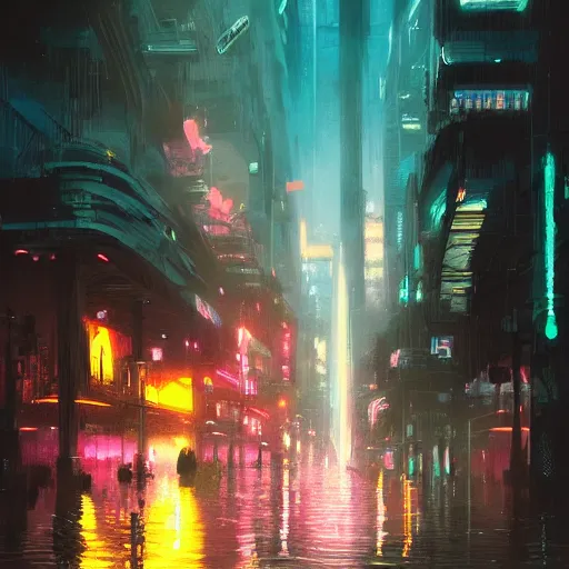 Image similar to concept art of a city flooded with neon lights, by greg rutkowski