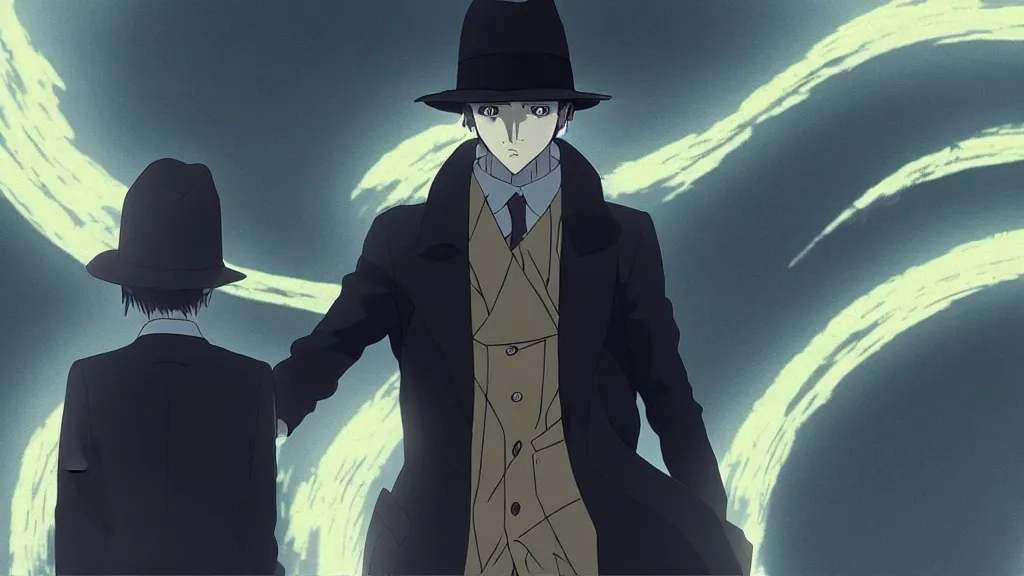 Prompt: a man who’s face is a vortex wearing a fedora and trench coat, anime film still from the movie directed by Denis Villeneuve with art direction by Junji Ito, wide lens