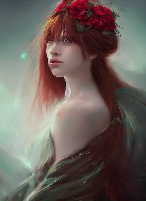 Prompt: a gorgeous flower princess portrait by WLOP, emerald green eyes, red hair, digital painting, beautiful lighting, ominous, cgsociety