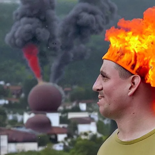 Prompt: a funny, intimidated ukrainian with a chub on his head in a vyshvanka is jumping trying to dodge napalm on the ground from a nuclear mushroom in the background