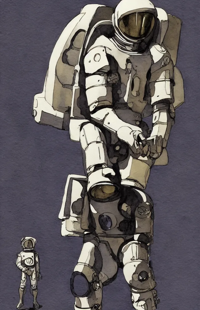 Image similar to male, full body, modern space suit, very stylized character design, large shoulders, short torso, long thin legs, tiny feet, character sheet, science fiction, hyperdetailed, technical suit, space marine, watercolor digital painting, by mike mignola, by alex maleev, jean giraud, painted by leyendecker