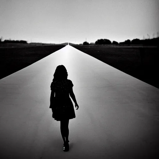 Prompt: film still of a girl walking through liminal space, black and white