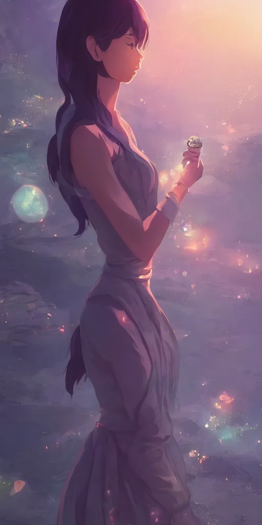 Image similar to beautiful young Himalayan woman with psychic powers, holding crystals, sad, futuristic, somber, by Makoto Shinkai, by rossdraws, dramatic lighting, reflective light