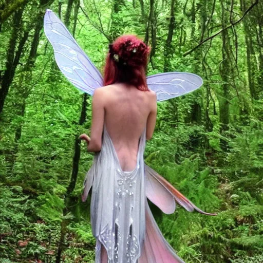 Image similar to a fairy seen from behind, with beautiful wings, in the woods, art nouveau style