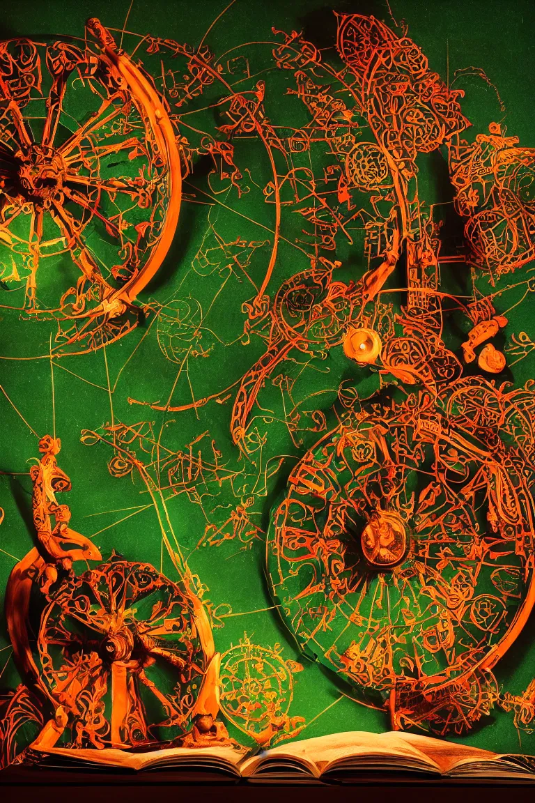 Prompt: warm colors, high contrast hyperreal book title, no text, spinning wheel against dark green background, with twelve spokes and the signs of the zodiac as carved decoration, volumetric lighting