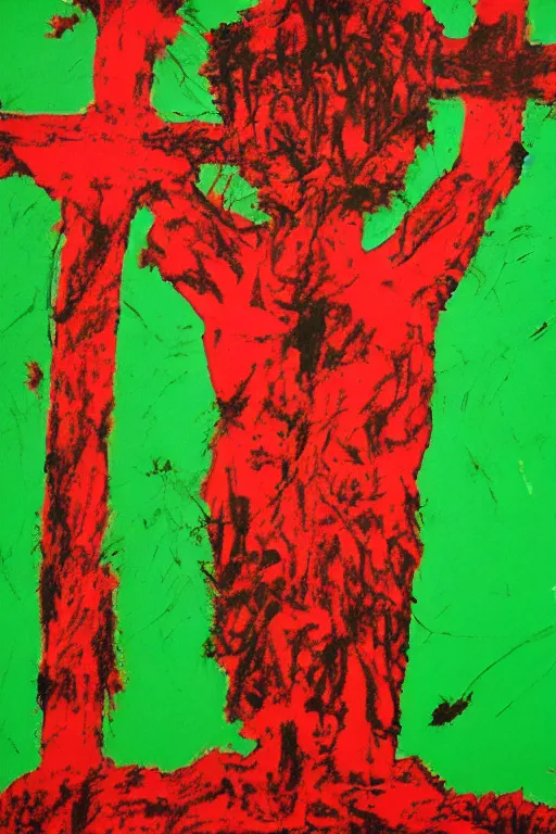 Image similar to green background with bloody christ crucified painted by cy twombly and andy warhol