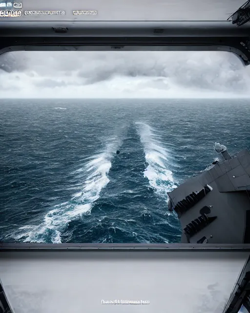 Image similar to view from an aircraft carrier of stormy seas, stormy weather, unreal engine, hyper realism, realistic shading, cinematic composition, realistic render, octane render, detailed textures, photorealistic, ultrawide shot, 16mm lens