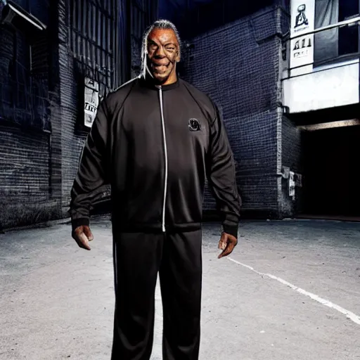 Image similar to WWE Hall of Famer Booker T, wearing a tracksuit, standing in a dark alleyway, cyberpunk