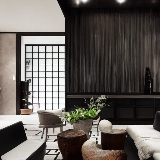 Image similar to lounge and dining room, stone, interior design, stylish luxury hotel living room design, yakisugi, black vertical slatted timber, textures, feminine, black walls, art, Japanese pottery vase with flowers, kakejiku, seasonal, Japanese influences