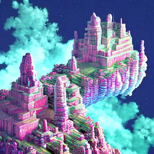 Image similar to artstation vaporwave holographic mandelbulb fantasy floating Mountain city flying Castle in the fluid nebula