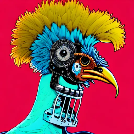 Prompt: portrait painting of a punk chicken - headed cyborg, sharp focus, award - winning, trending on artstation, masterpiece, highly detailed, intricate. art by josan gonzales and moebius and deathburger