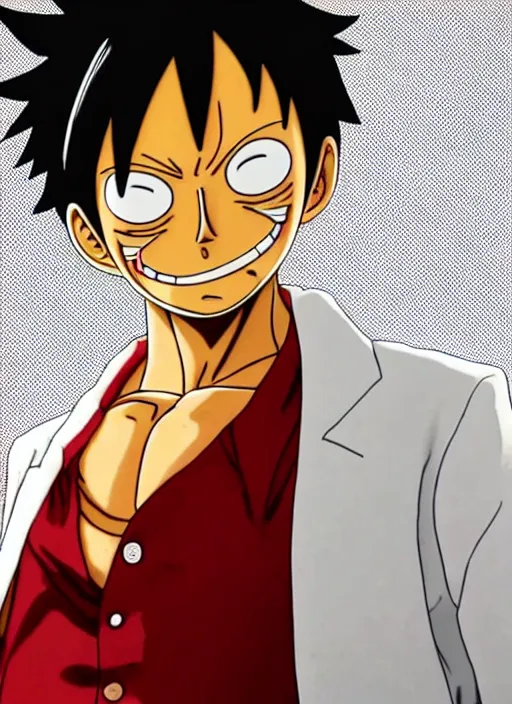 Prompt: a professional photo of luffy wearing a white suit, hyper realistic, golden hour effect