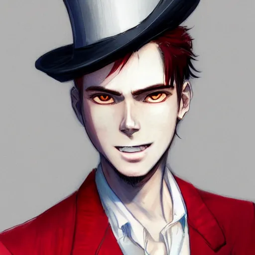 Prompt: semi realistic anime illustration of top hat wearing red haired man, holding a cigarette in hand, with slight stubble, with beautiful hyperdetailed eyes, facing camera directly, full face portrait made by Stanley Artgerm, WLOP, Rossdraws, James Jean Andrei Riabovitchev, Marc Simonetti, Yoshitaka Amano, Artstation