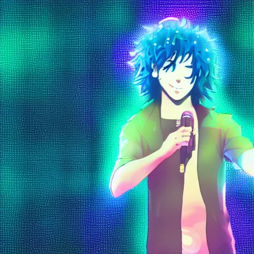 Prompt: a male singer on a stage with curly brown hair and blue eyes, a hologram by yasutomo oka, featured on pixiv, holography, seapunk, anime, glowing lights. vocaloid