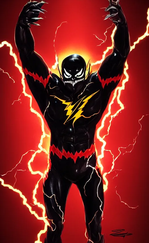 Image similar to full body portrait of venom as the flash, black and red, dynamic lighting, cinematic, ultra detailed, trending on art station, stunning visuals, creative, fantasy concept art